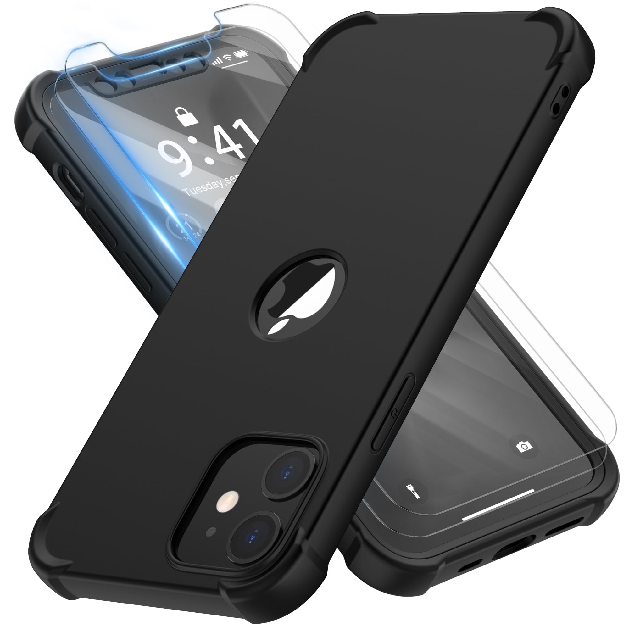 ORETECH for iPhone 12 Case, iPhone 12 Pro Case, with [2 x Tempered Glass Screen Protector] Heavy Duty Protection Silm Hard PC Silicone Rubber Bumper Cover - Black — image 1