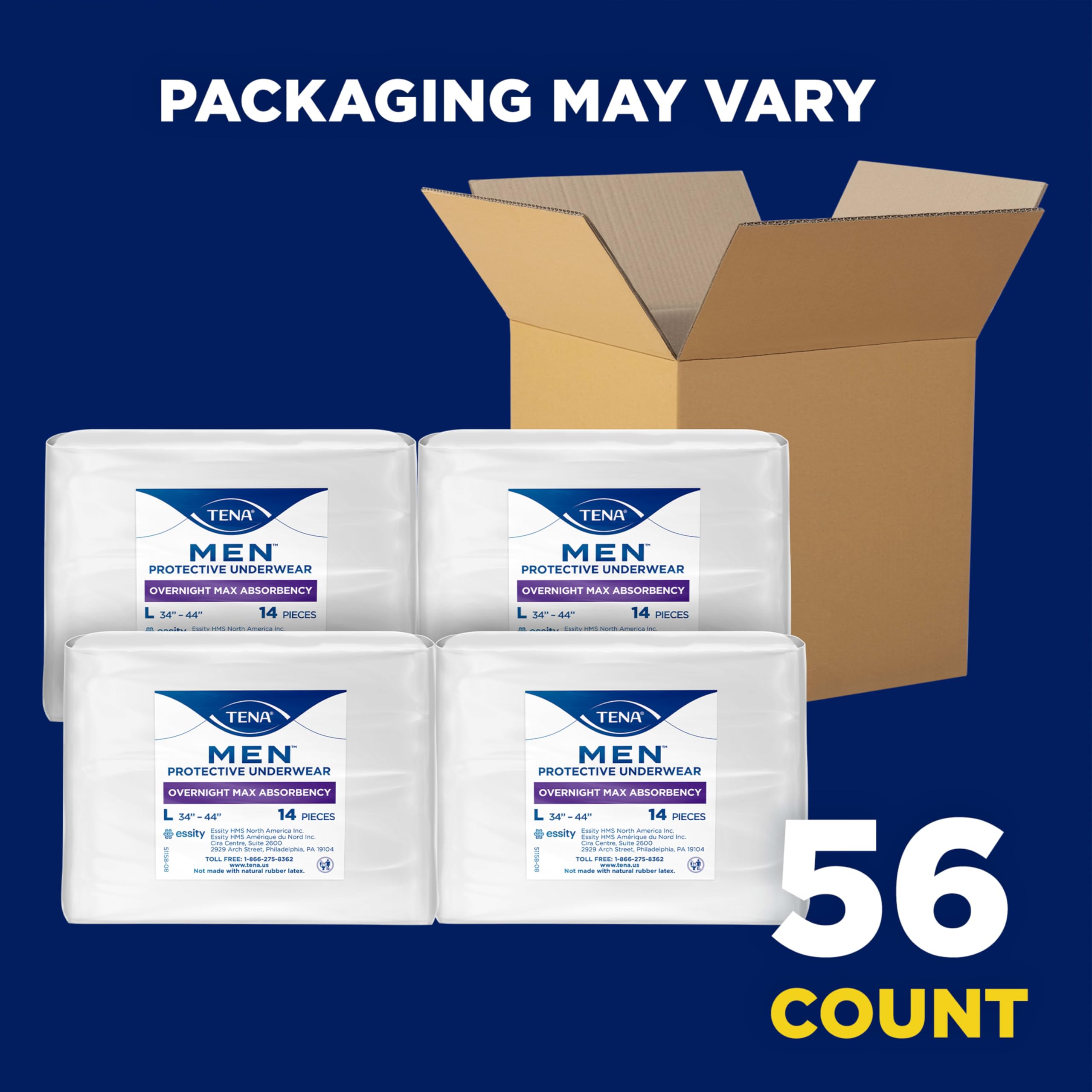 Condition photo showing New/Like New for tena men protective incontinence underwear overnight max absorbency, l, 56 ct, 34-44in (packaging ma