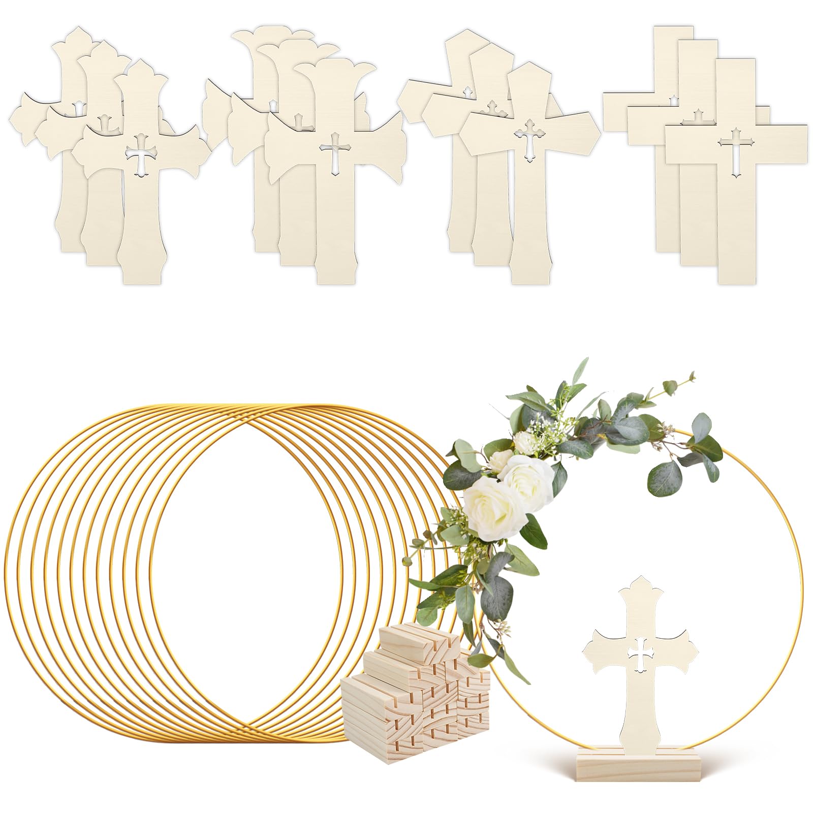 Photo 1 of 24 Pcs Baptism Centerpiece Decoration for Tables First Communion 12 Standing Wood Crosses for Craft 12 Metal Floral Hoop Centerpiece with Stand for Party Wedding Home Decor