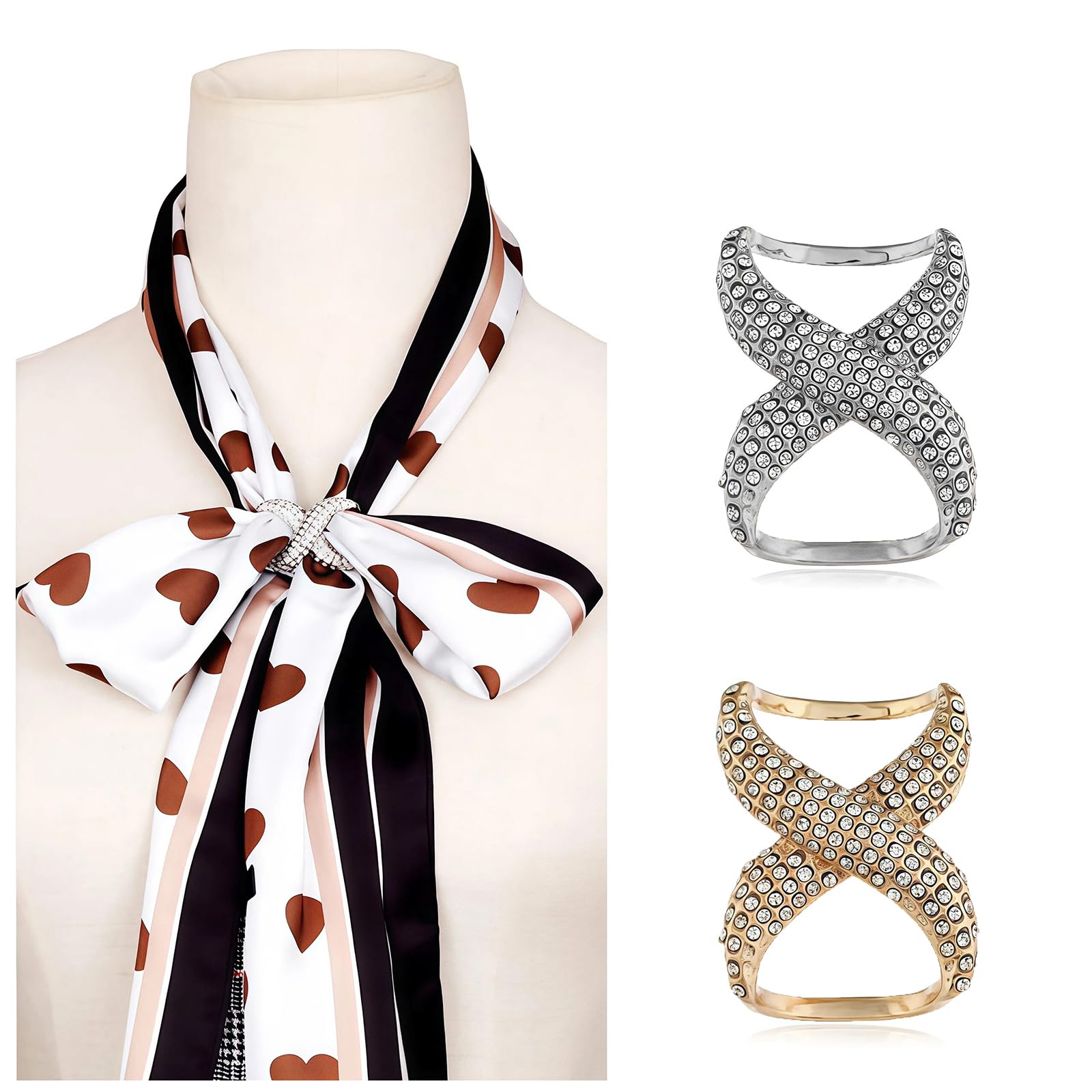 2Pcs Rhinestone Scarf Ring Set Scarf Buckle Clips for Women Fashion Silk Scarf Clasp Holder Brooch Adjustable Wrap Clip for Neck Scarves (Golden + Silver)