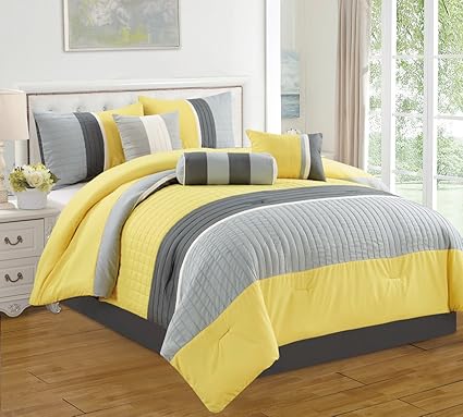 Amazon Com 7 Piece Yellow Grey White Pleated Bed In A Bag