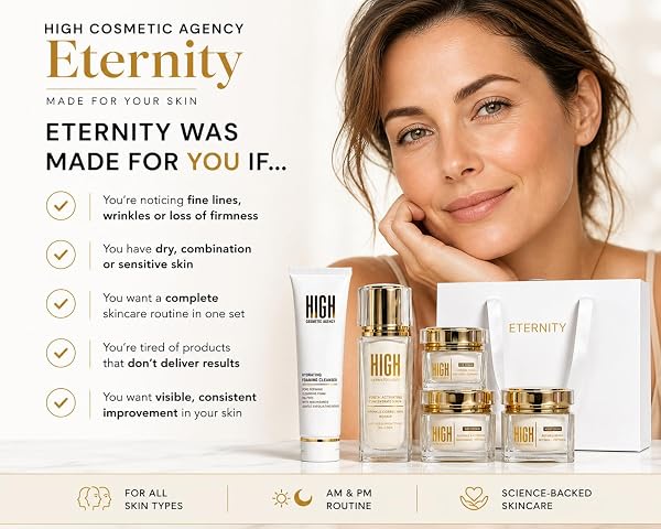 HIGH COSMETIC AGENCY ETERNITY 5-STEP ANTI-AGING SKINCARE SET – COMPLETE FACE CARE ROUTINE WITH CLEANSER, WRINKLE CORRECTING SERUM, EYE CREAM, DAY CREAM SPF 30 & NIGHT CREAM | LUXURY SKINCARE GIFT SET