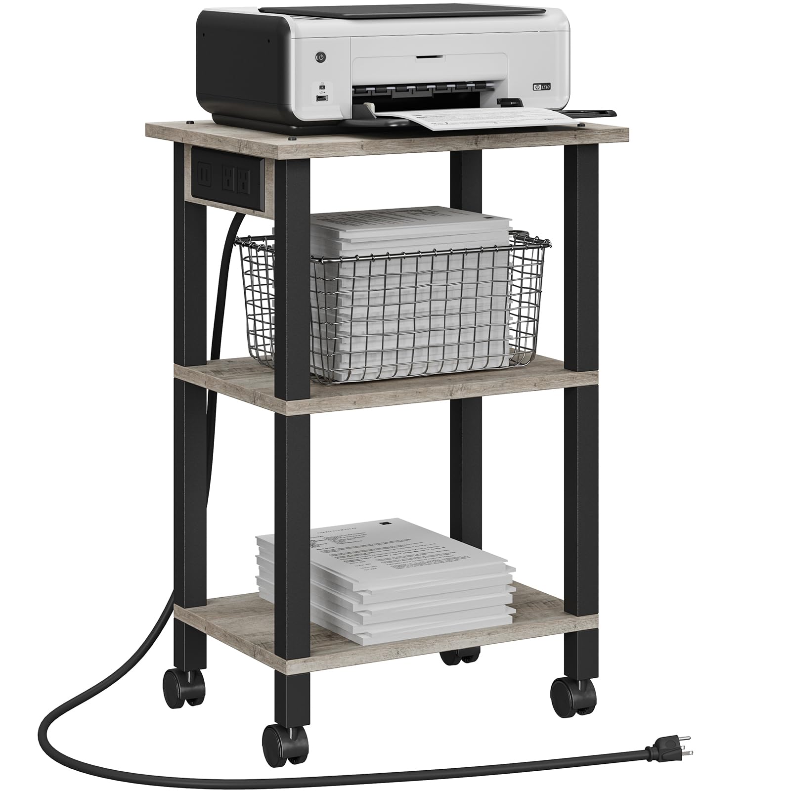 Photo 1 of TUTOTAK 3 Tier Printer Stand, Rolling Printer Cart with Power Outlets and USB Ports, Mobile Printer Table with Wheels, for Under Desk, Office, Home, Black PS02BG001