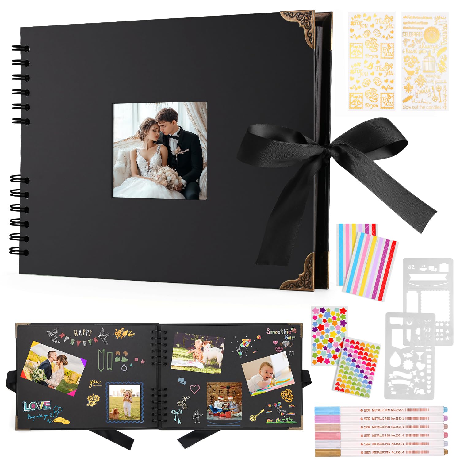 DazSpirit Scrapbook Photo Album - 80 Page DIY Memory Book, Interchangeable Cover, 160 Photo Capacity with Metal Pens, Stickers & Templates - Perfect for Weddings, Travel, Baby Milestones (Black)