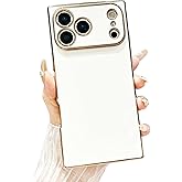 YTanazing Rectangle Case for iPhone 17 Pro Max, Luxury Plating Elegant Gold Edge Reinforced Corners Cover with Full Camera Protection Shockproof Silicone Phone Case for Women Girls, White