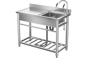 JOPHUN Stainless Steel Sink with Cold and Hot Water Pipe, Free Standing Single Bowl Kitchen Sink w/Workbench & Storage Shelves Indoor Outdoor(39in)