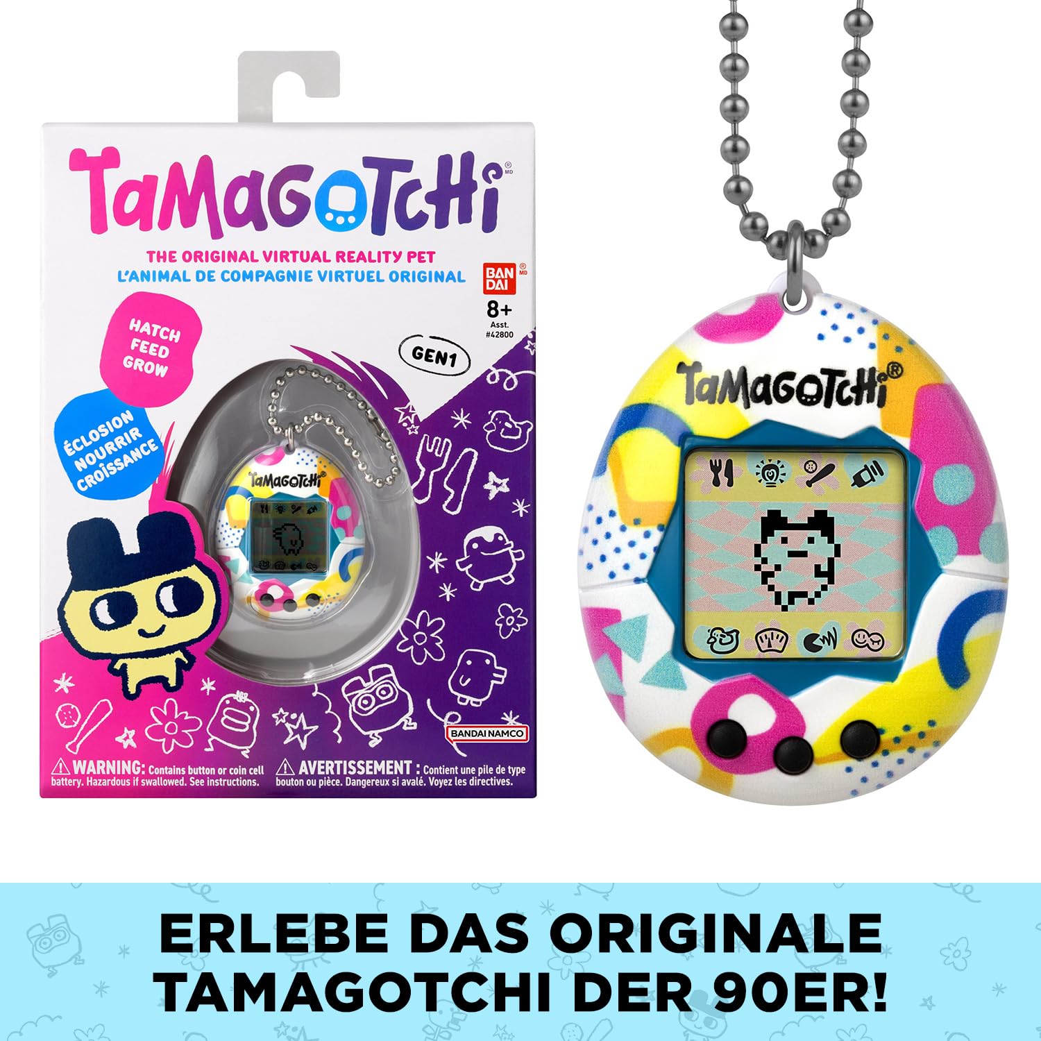 Bandai - Tamagotchi - Original Tamagotchi - Memphis Style - Elektronisches virtuelles Tier mit Farbdisplay, 3 Tasten und Spielen - Interaktives Tier auf Deutsch - Kinderspielzeug ab 8 Jahren - 42957 2