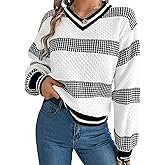 Kaei&Shi V Neck Striped Sweater,Lantern Sleeve Knit Tops for Women,Color Block Pullover Sweaters