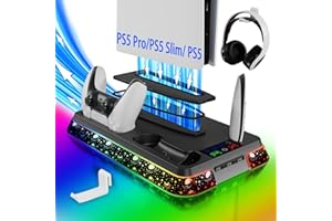 COOOUDQS PS5/Slim/Pro Stand for PlayStation 5 Disc & Digital Console, PS5 Cooling & Charging Station with RGB, PS5 Controller Charger Incl. 3 Level Fan,Headset, PS5/Slim/Pro Accessories Comes 3 USB Ports