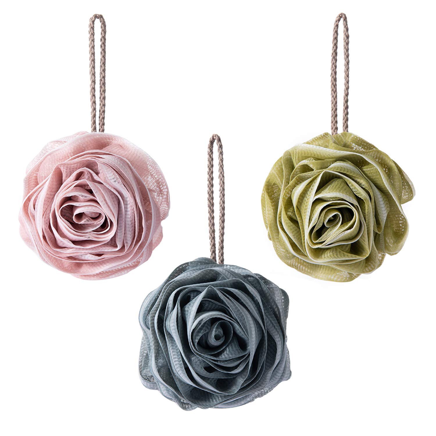 Pincy 3-Pack Soft Mesh Poufs - Rose Flower Shape Shower Puff Loofah, Exfoliating Bath Sponge Scrubber Ball, 3 Colors Suitable for All Family