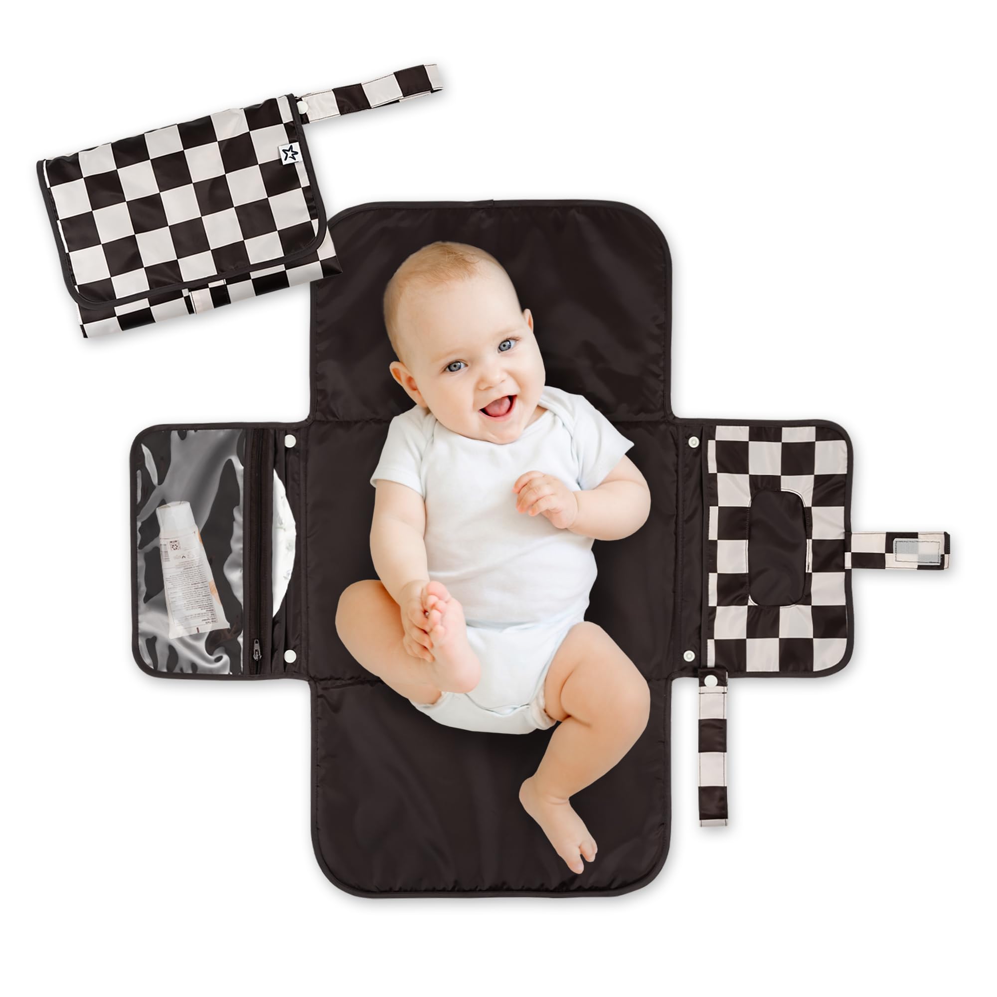 Photo 1 of Tiny Twinkle Portable Diaper Changing Pad - Foldable Waterproof Diaper Changing Mat for Travel, Baby Changing Station with Smart Wipes Pocket & Storage (Black Checkers)