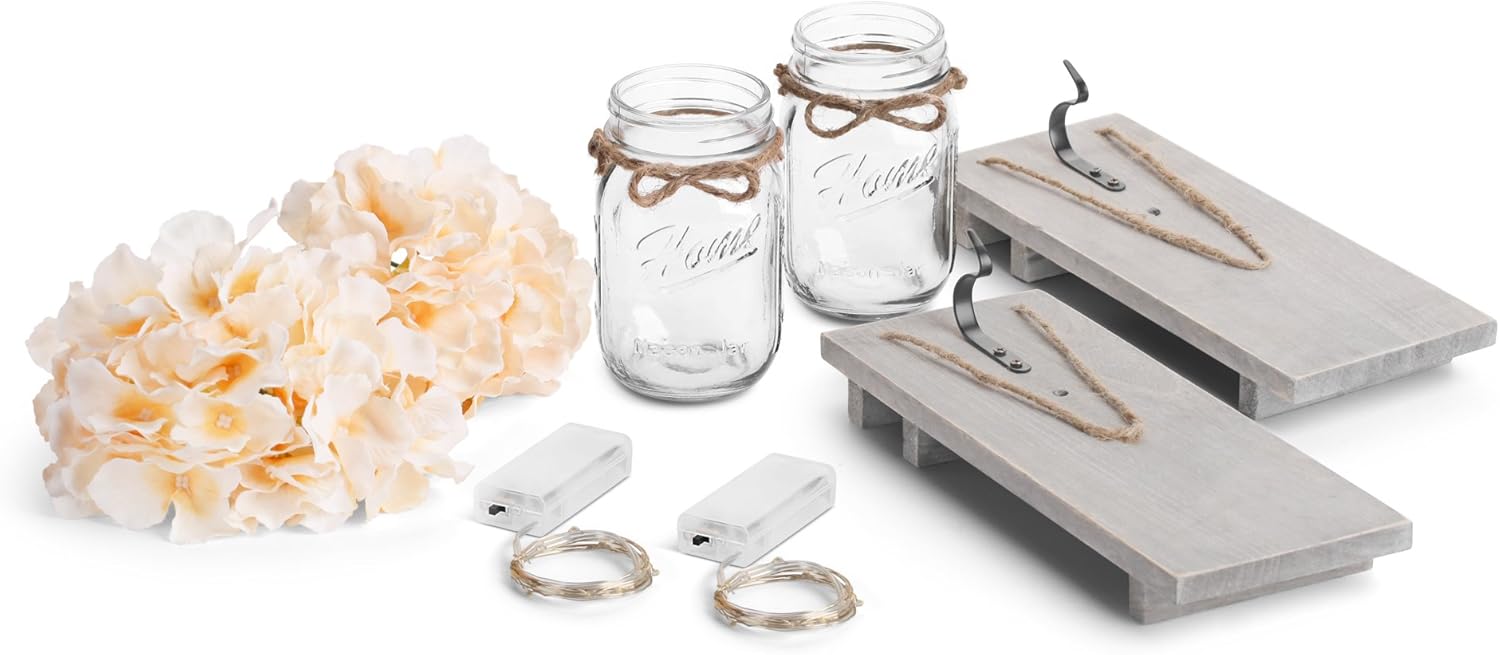 Rustic Wall Sconces - Mason Jars Sconce, Rustic Home Decor,Wrought Iron Hooks, Silk Hydrangea and LED Strip Lights Design 6 Hour Timer Home Decoration (Set of 2): Home & Kitchen