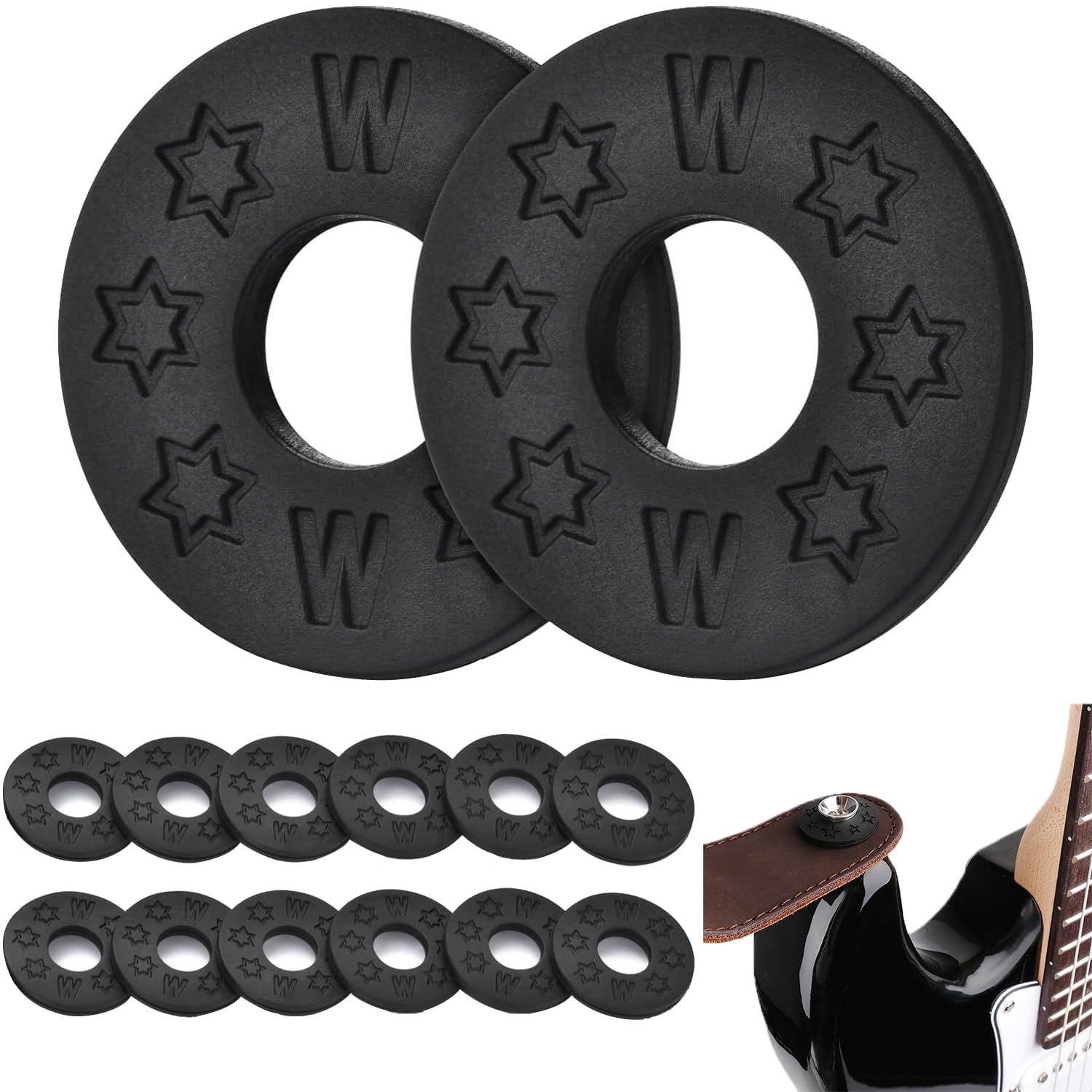 Esshogo Pack of 12 Silicone Guitar Strap Blocks, Strap Locks Guitar, Guitar Strap Locks, Blocks, Guitar Strap Locks for Acoustic Guitar, Bass, Electric Guitar, Ukulele, Guitar Protection (Black)