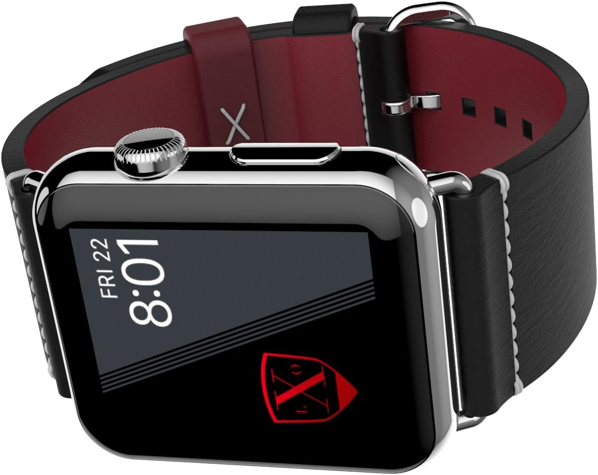 LUXEORA Element Leather Band Strap with Polished Stainless Steel Buckle - 44/42mm - Onyx Black and Red - Compatible with Apple Watch Series 5 4 3 2 1 Sport and Watch Edition