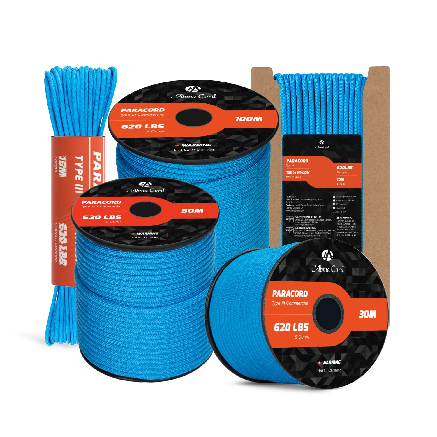 Abma Cord Paracord 4mm 50m 100% Nylon Rope 9 Strands Type III Parachute Cord for DIY, Camping, Survival, Outdoor - Max. 280kg - Blue