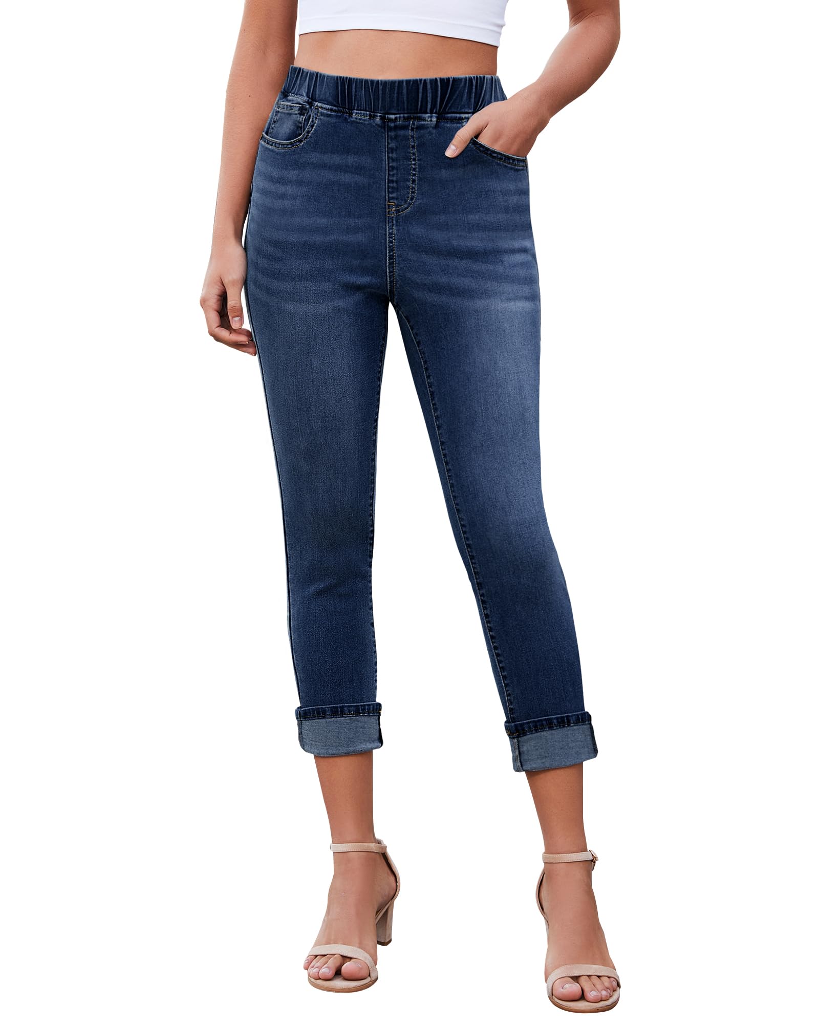 LookbookStore Womens Tapered Jeans High Rise Stretch Jeans for Women Pull on Capri Jeans Nightfall Blue Size X-Large Size 16 Size 18