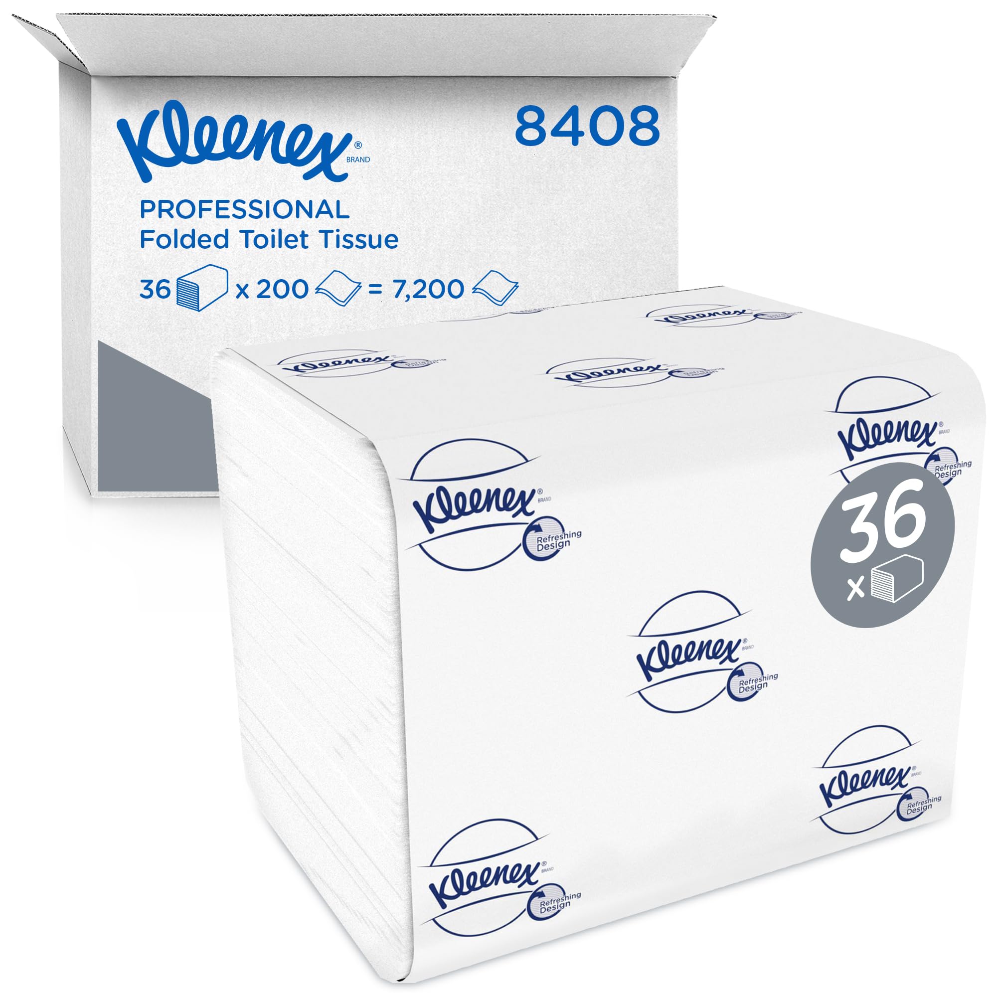 Kleenex® Folded Toilet Tissue – 2-Ply Soft & Comfortable Bulk Toilet Paper for Hygienic, Single-Sheet Dispensing – 36 Packs x 200 Sheets (7,200 Sheets Total), Model Nr. 8408