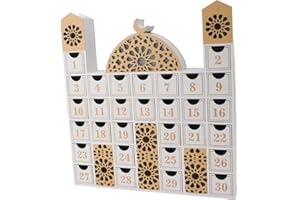 Aoaoy Ramadan Wooden Countdown Calendar,Beautifully Designed Mosque Shape,LED Light Atmosphere,Drawers for Storage and Gifts,