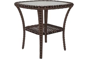 Outsunny Wicker Outdoor Side Table with Storage Shelf, Rattan Coffee Table with Glass Top, Outdoor End Tables for Garden, Por