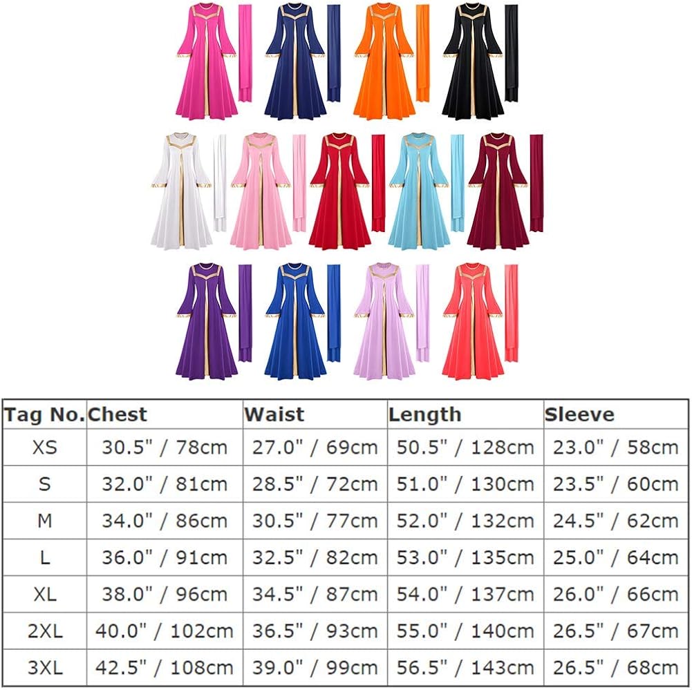 Women Gold Metallic Bell Long Sleeve Praise Dance Dress with Waistband Liturgical Dancewear Church Robe Worship Costume: Clothing