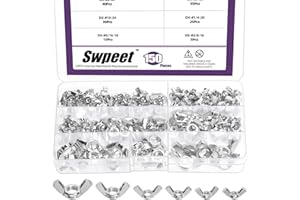 Swpeet 150Pcs Carbon Steel Zinc Plated SAE Wing Nuts Butterfly Nuts Hex Dome Cap Fasteners Hardware Assortment Kit, 6 Sizes -