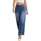 MakeMeChic Women's Pearl Jeans Valentines Wide Leg Straight Y2K Denim Pants Trousers