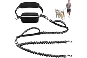 Uppetly Hands Free Double Dog Leash with Pouch, Dual Leash for 2 Dogs with Reflective Padded Handles, Durable Bungee and Lumbar Waist Belt for Walking, Jogging and Running (Medium/Large, 25-120 lbs)