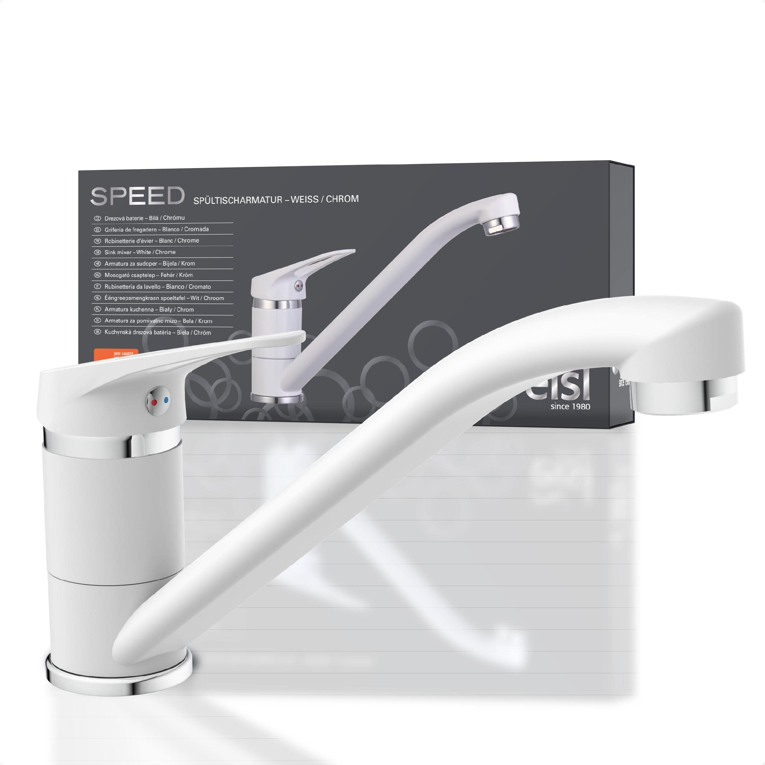 EISL Speed NI182SCR-W Kitchen Sink Tap, 360° Swivelling, Ideal for Double Sinks, Space-Saving, Single Lever Mixer, White