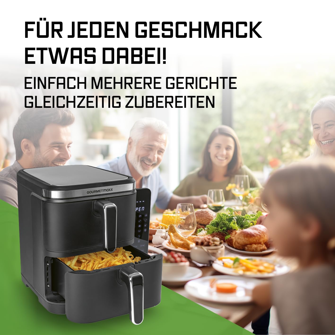 GOURMETmaxx FryUp Vertikale Doppelkammer Heißluftfritteuse | vertikaler Airfryer | klappbares Touchdisplay | 32% platzsparender | Fassungsvermögen 10L | Heißluftfritteuse 2 Kammern 6