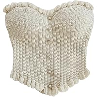 GORGLITTER Women's Pearl Knit Crop Tops Beaded Asymmetrical Button