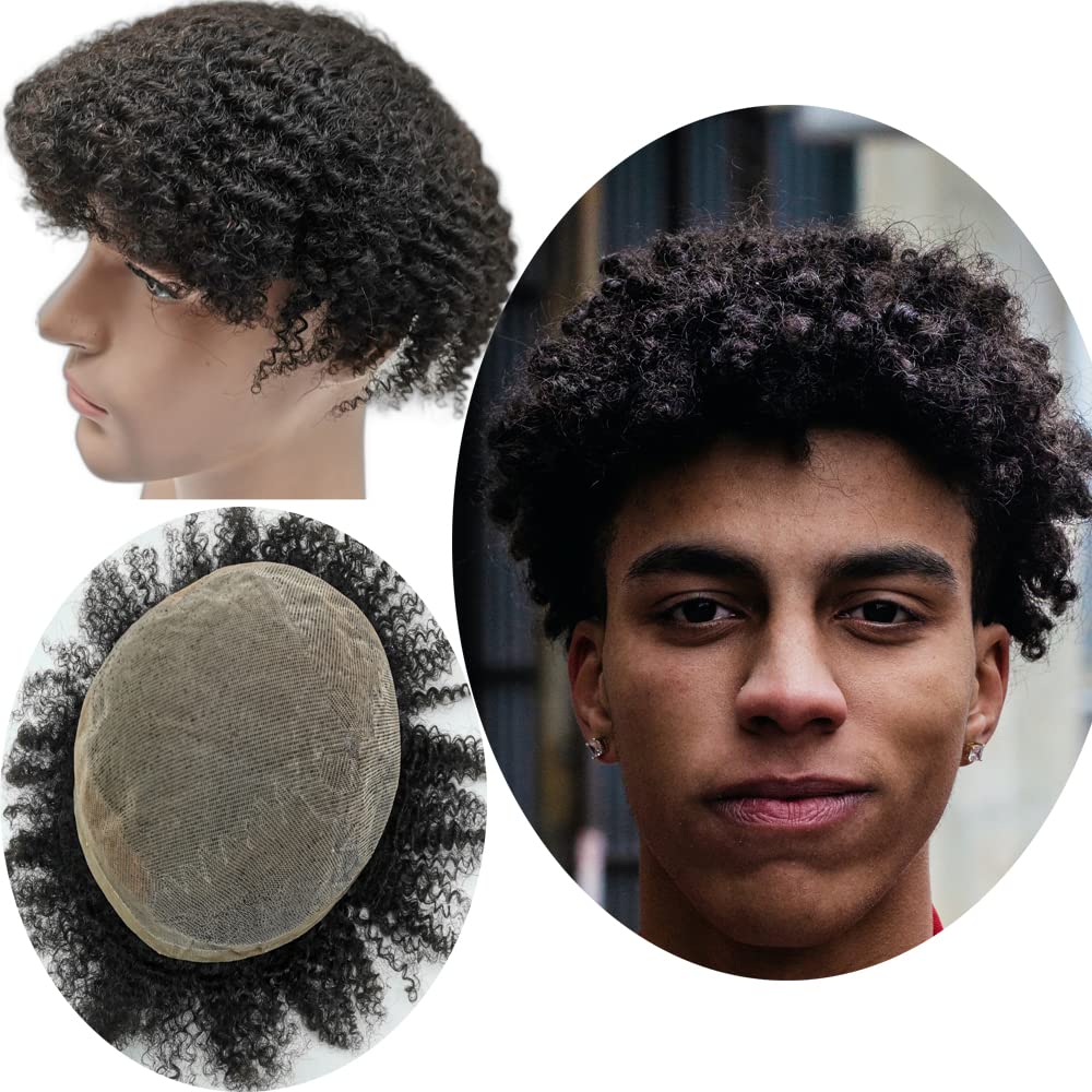 Afro Curl Toupee for Black Men - Yanahair Men's Replacement System, Real Human Hair, Breathable Fine French Lace (8mm #1, 8x10")