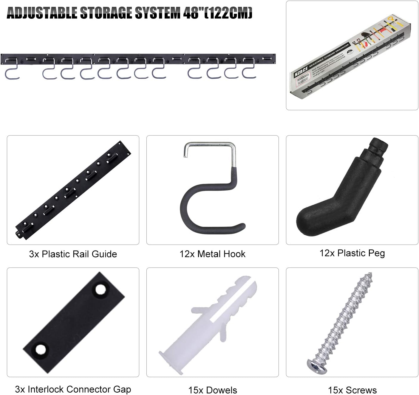 NZACE Adjustable Storage System 48 Inch, Wall Holders for Tools, Wall Mount Tool Organizer, Garage Organizer, Garden Tool Organizer, Garage Storage, Heavy Duty Tools Hanger with 3 Rails 12 Hooks - - 