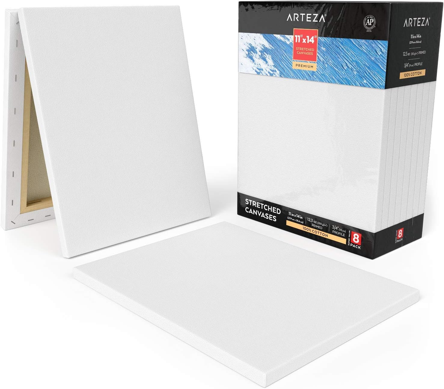 Arteza 11x14” Premium Stretched Canvas, Bulk Pack of 8, Primed, 100% Cotton for Painting, Acrylic Pouring, Oil Paint & Wet Art Media, Canvases for Artist, Hobby Painters & Beginner