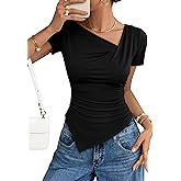 ZESICA Asymmetrical Short Sleeve Shirts for Women 2026 Summer Going Out Tops Ruched Outfits Fashion Y2K Clothes