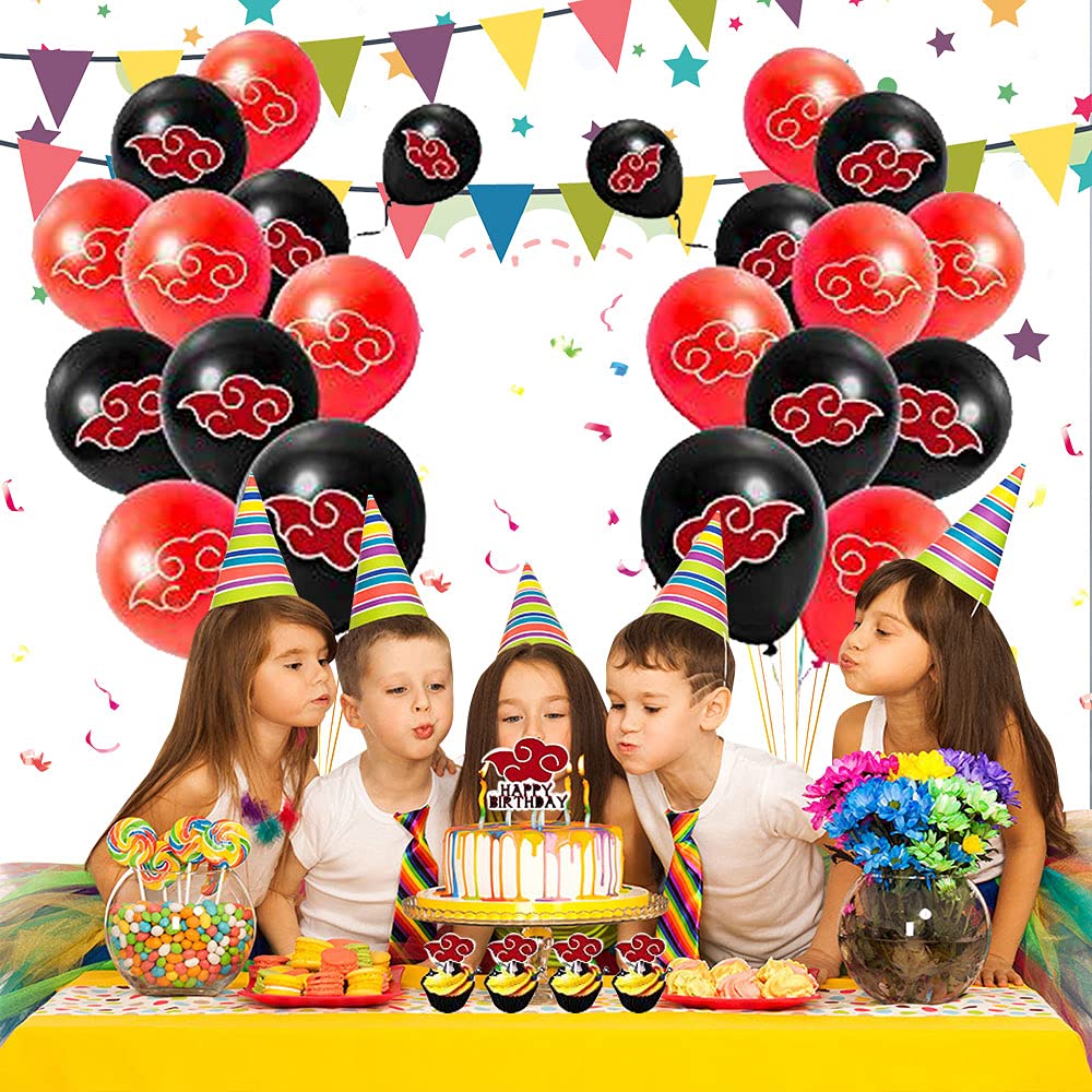 Sanxdi N_aruto Party Decorations Set for Kids Manga Theme Birthday Supplies with Banner, Latex Balloons and Cake Decorations (Red and Black)