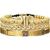 WFYOU 3PCS Stainless Steel Bracelets for Men Gold Roman Numeral Bangle Bracelet Twisted Cable Bracelet Adjustable Cuff Bracelet Mens Luxury Jewelry Bracelets Gifts