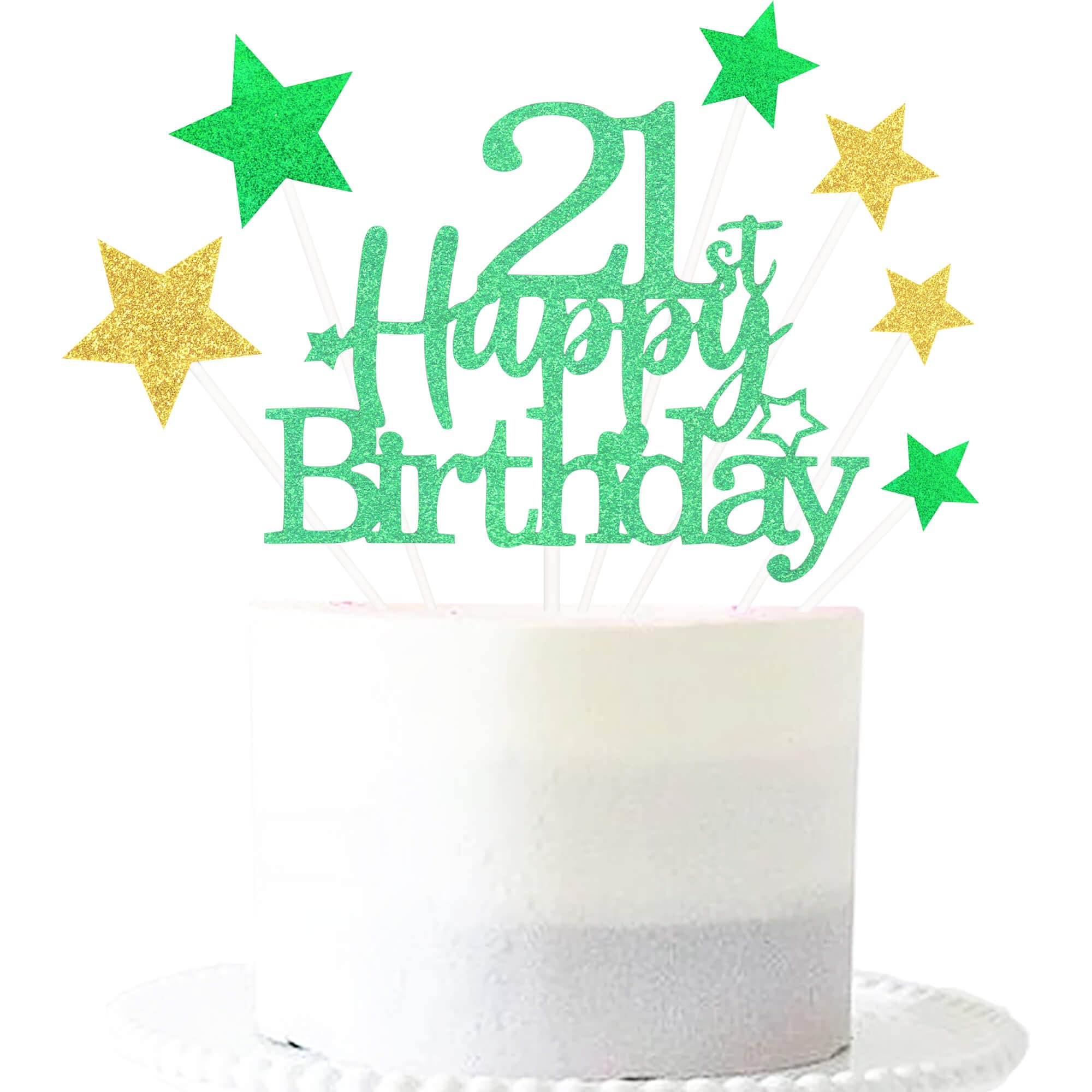 Glittery 21st Happy Birthday Cake Topper with Star,Personalised 21 Birthday Cake Toppers Party Decorations Party Supplies for Boys Girls Green Gold