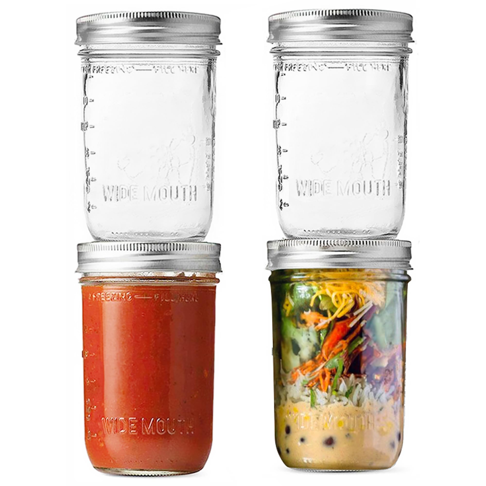 16 oz Wide Mouth Mason Jars with Lids 8 Pack Pickling Jars Wide Mouth Clear Glass Mason Jar with Silver Metal Airtight Lids and Bands, Breakfast Jars Overnight Oats for Freezing, Canning, Fermenting