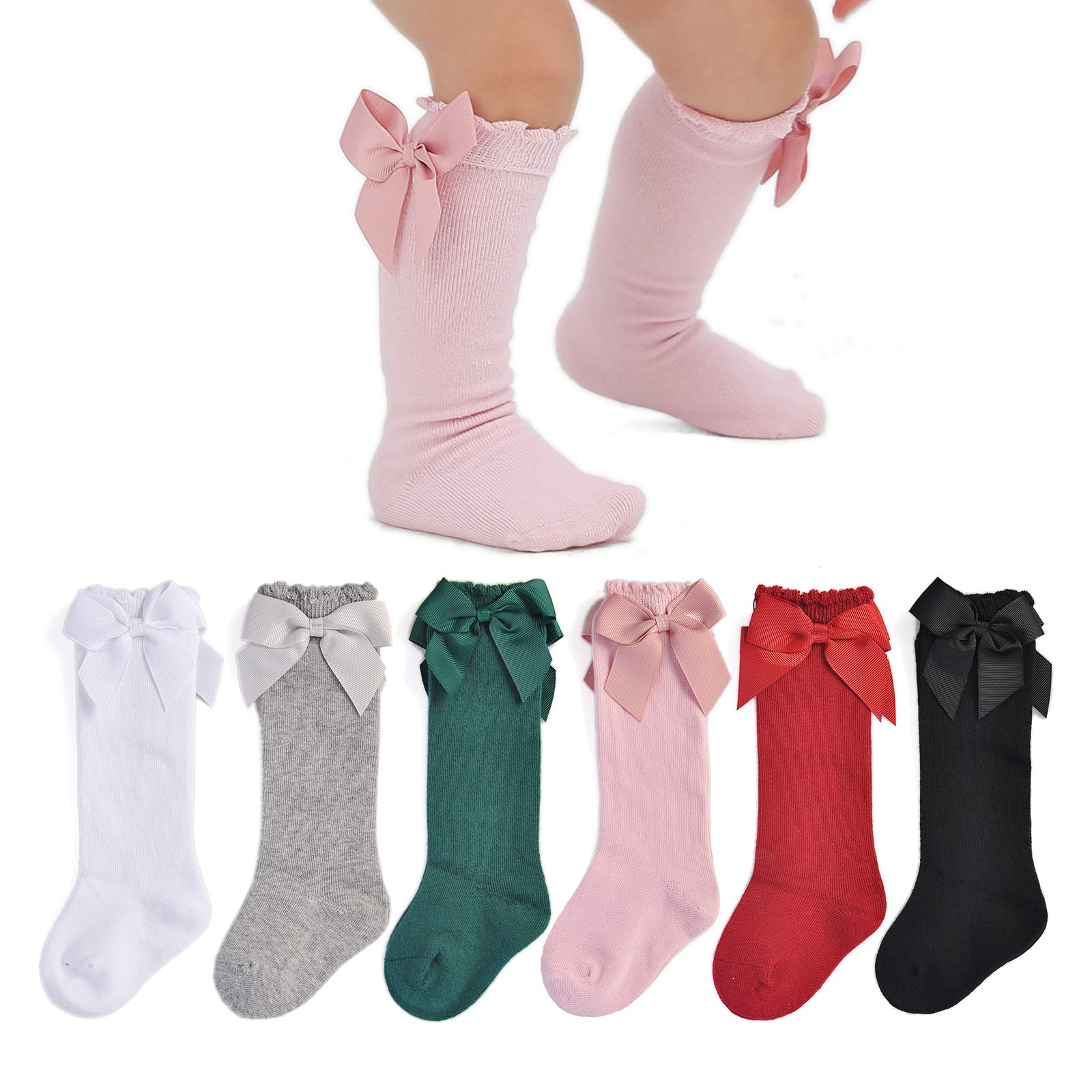 Photo 1 of EPEIUS Baby Knee High Socks for Girls With Bow - Children's Uniform Tube Stockings, Long Kids Socks for 6-10 Years, 6 Pairs Pack