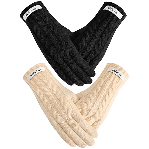 Clothirily 2 Pairs Winter Gloves for Women - Warm Soft Womens Winter Gloves, Elastic Cuff Touchscreen Gloves, Thermal Knit Lining Gloves for Cold Weather, Black, Beige