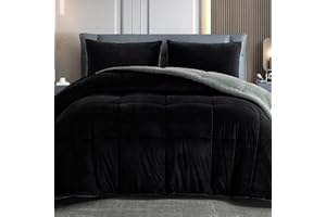 BEDHOURS King Size Comforter Set Micromink Sherpa Comforter 3 Piece Ultra Soft Plush Down Alternative Bedding Set Reversible Comforter + 2 Pillow Shams Winter Warm (Black King)