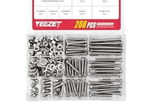 YEEZET 288PCS 1/4-20 Button Head Socket Cap Bolts Screws and Nuts Washers Assortment Kit, 304 Stainless Steel 18-8, includes 9 Most Common Sizes, Fully Machine Thread