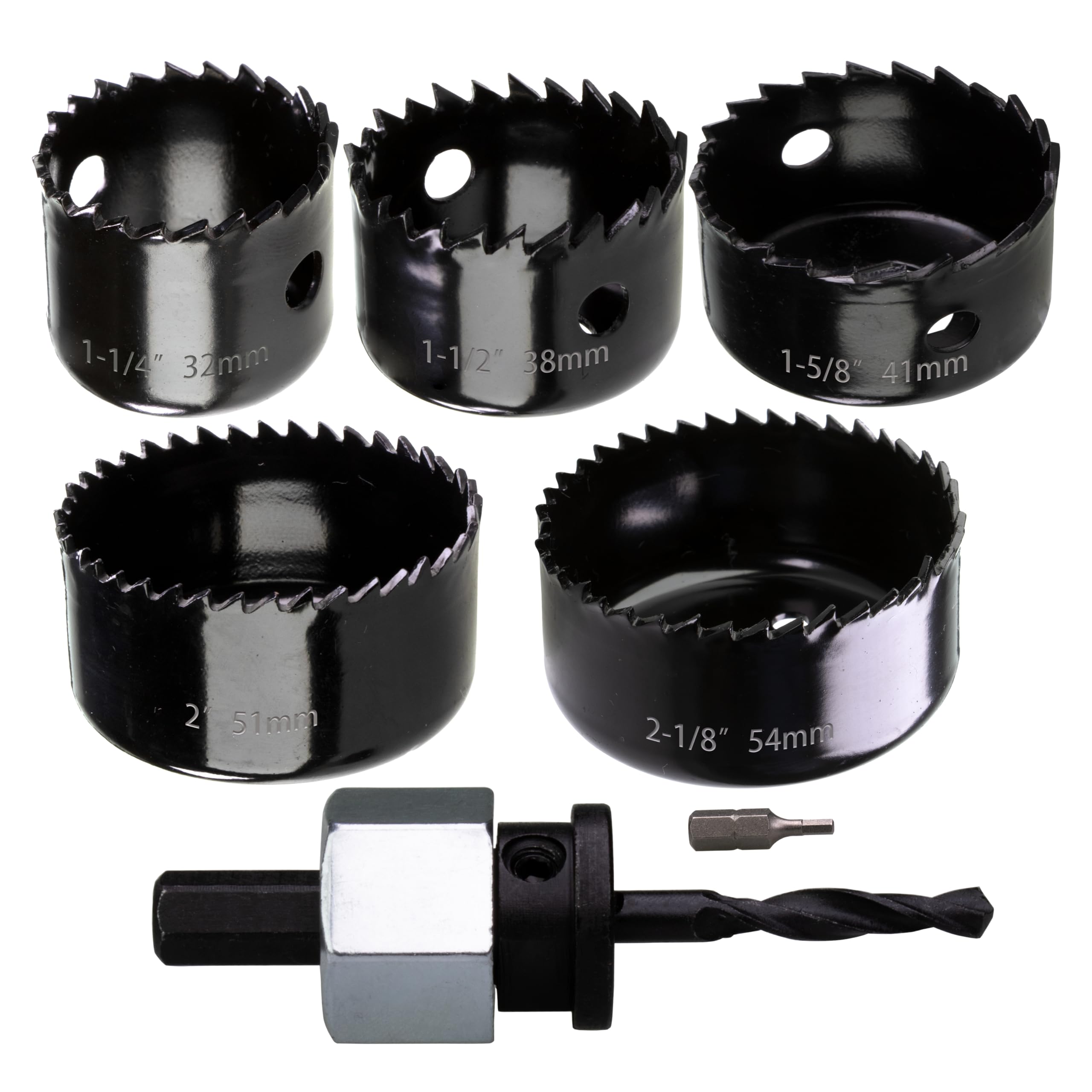 WOWSUPM 32,38,41,51,54mm Carbon Steel Hole Saw Set with 1 Mandrel for Soft Wood PVC Panel Plastic, MDF — image 1