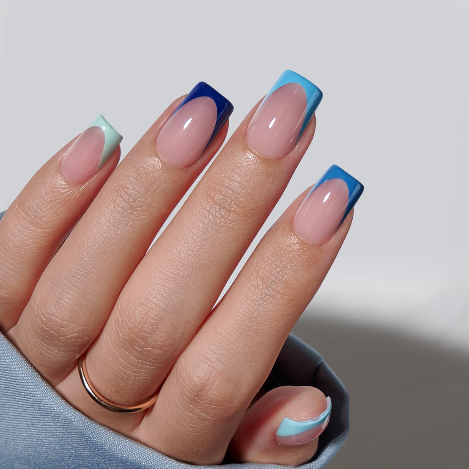 BTArtboxnails XCOATTIPS French Tip Press On Nails - Blue Press On Nails Short, Square Fake Nail Tips, 160Pcs Soak Off Soft Gel Acrylic Nail Extension in 16 Sizes - Image 2