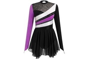 IBAKOM Ice Skating Dress for Women Long Sleeve Figure Skating Costume Rhythmic Gymnastics Leotard Sparkly Chiffon Skirt