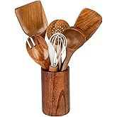 Wooden Utensils for Cooking, 7pcs Natural Acacia Wood kitchen utensils set with Holder For Cooking Utensil set Wooden Spoons Spurtle Spatula For Cooing Non-Stick Pan