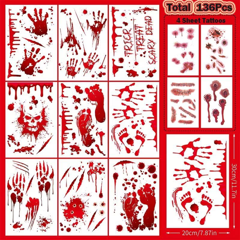 136Pcs Halloween Decorations Indoor, Scary Bloody Handprints Wall Decals Pumpkin Eyeballs Skull Window Stickers with Tattoos for Home Bedroom Floor Bathroom Door Decor (Red Handprints Footprints)
