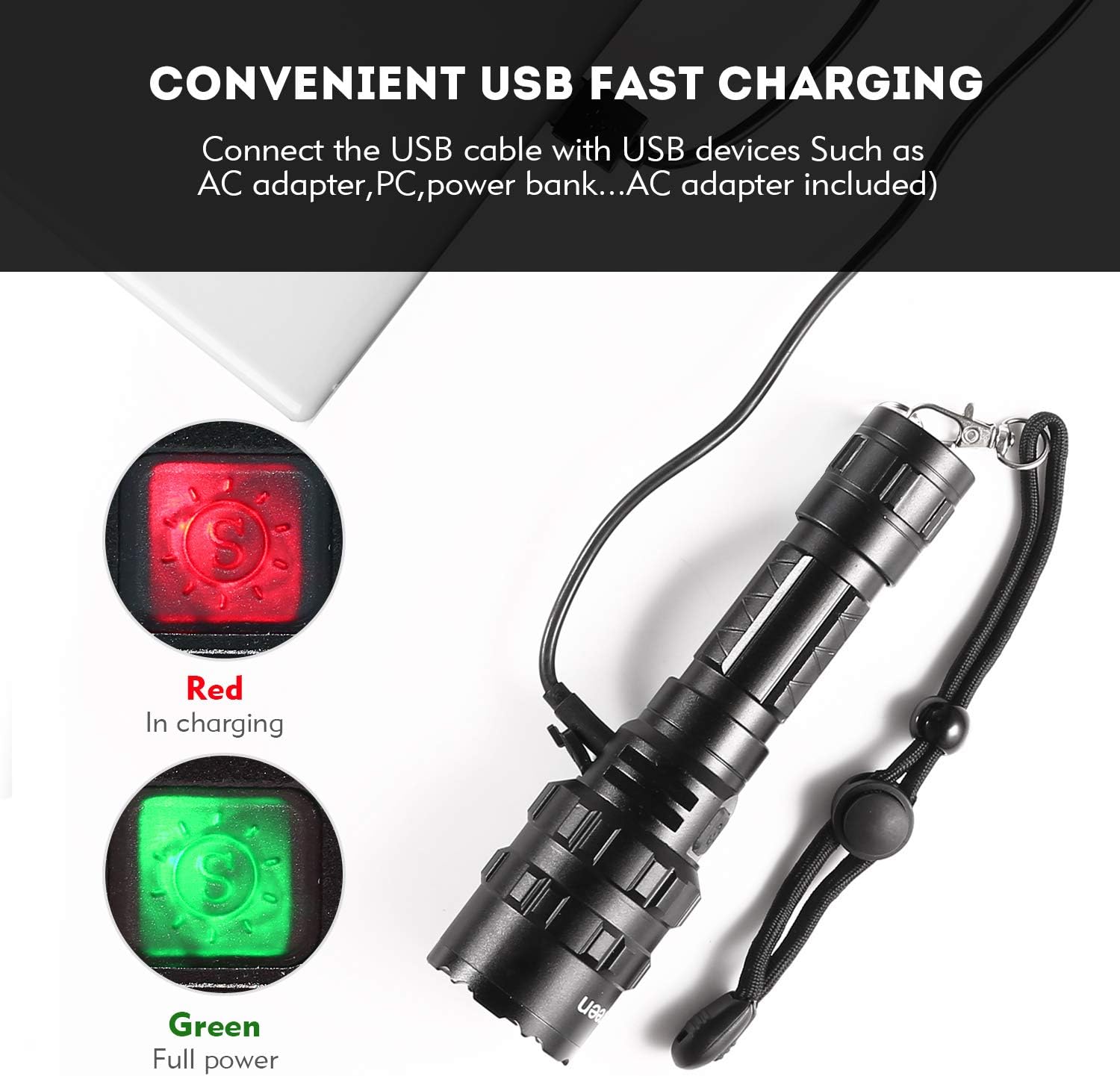 Rechargeable Tactical Flashlight High Lumens LED 18650 5000mAh Battery Charger USB Cable Gift Box Included L2 Waterproof Big Torch Portable Adjustable Aluminum Flash Light For Emergency Camping Hiking - - 