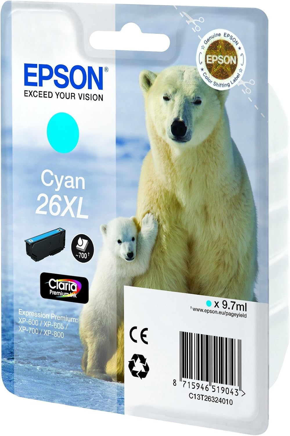 Epson 26XL Polar Bear Cyan High Yield Genuine, Claria Premium Ink Cartridge,XL High Capacity - Image 3