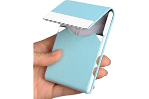 JuneLsy Professional Business Card Holder Case PU Leather Metal Name Card Holder Pocket Business Card Carrier for Men & Women with Magnetic Shut (Light Blue-y)